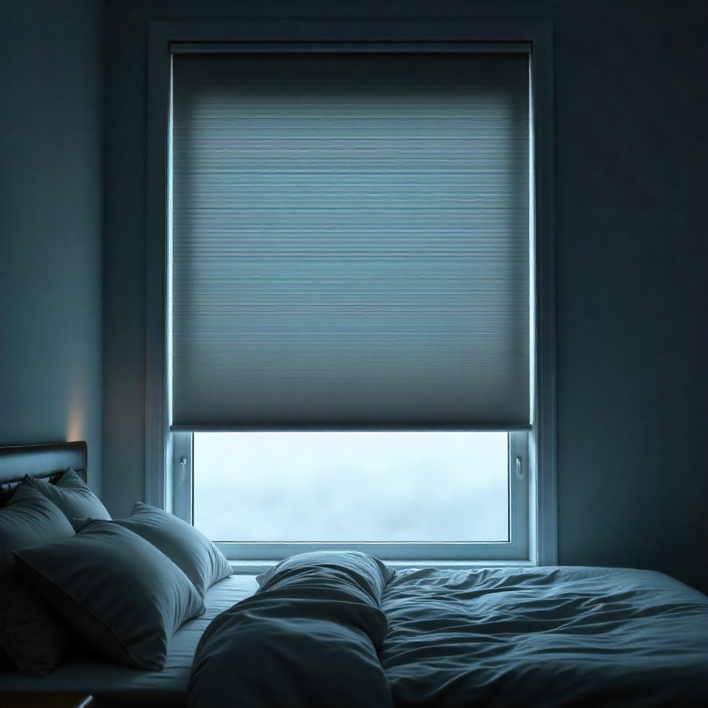 Soft gray acoustic blinds for bedroom windows