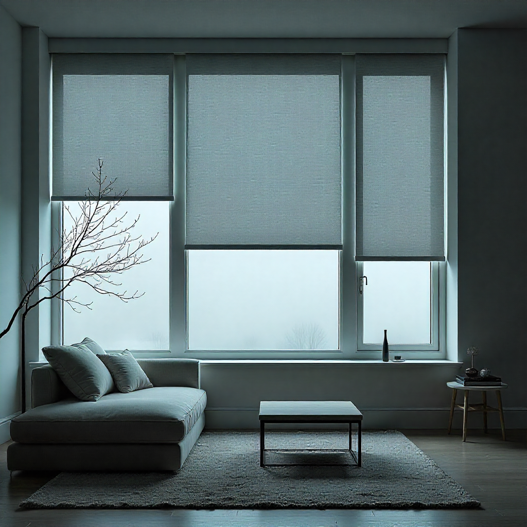Large window acoustic blinds in neutral palette